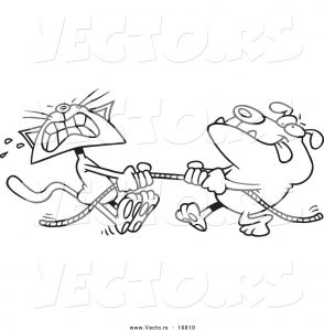 vector-of-a-cartoon-bull-dog-and-cat-playing-tug-of-war-coloring-page-outline-by-ron-leishman-16819